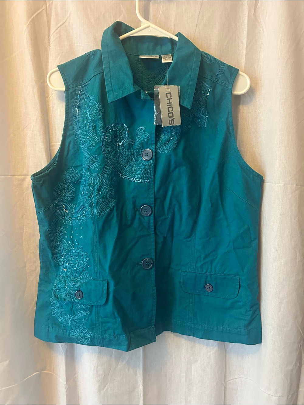 Chico's Women’s Teal Embroidered Sleeveless Jacket
